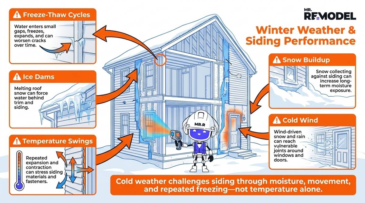 Editorial infographic showing how freezing temperatures, snow, moisture, wind, and freeze-thaw cycles affect a home's siding throughout winter.